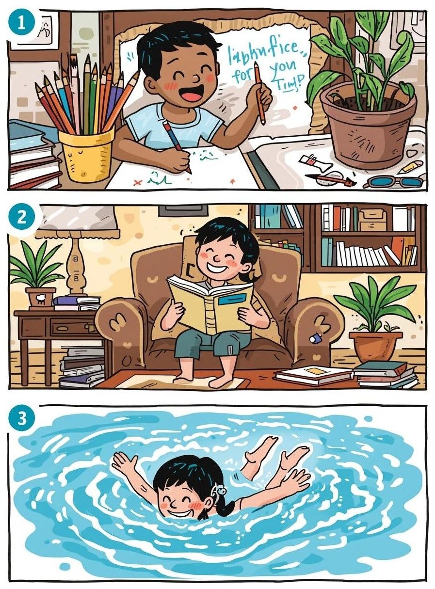 What do you like? — I like___.
1. Drawing
2. Reading
3. Swimming