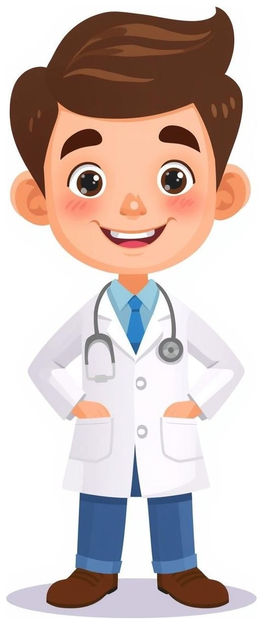 What colour is the doctor’s coat? — It's____.
1. Blue 💙
2. White 🤍
3. Red ❤️