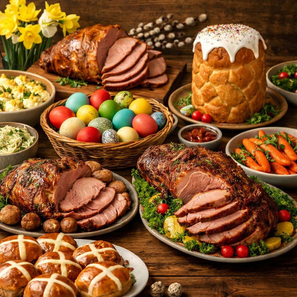 What are the different foods you can see on the Easter table?