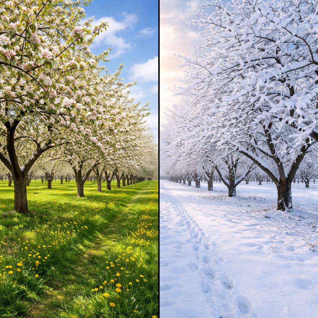 Would you rather visit this orchard in spring or winter? Why?