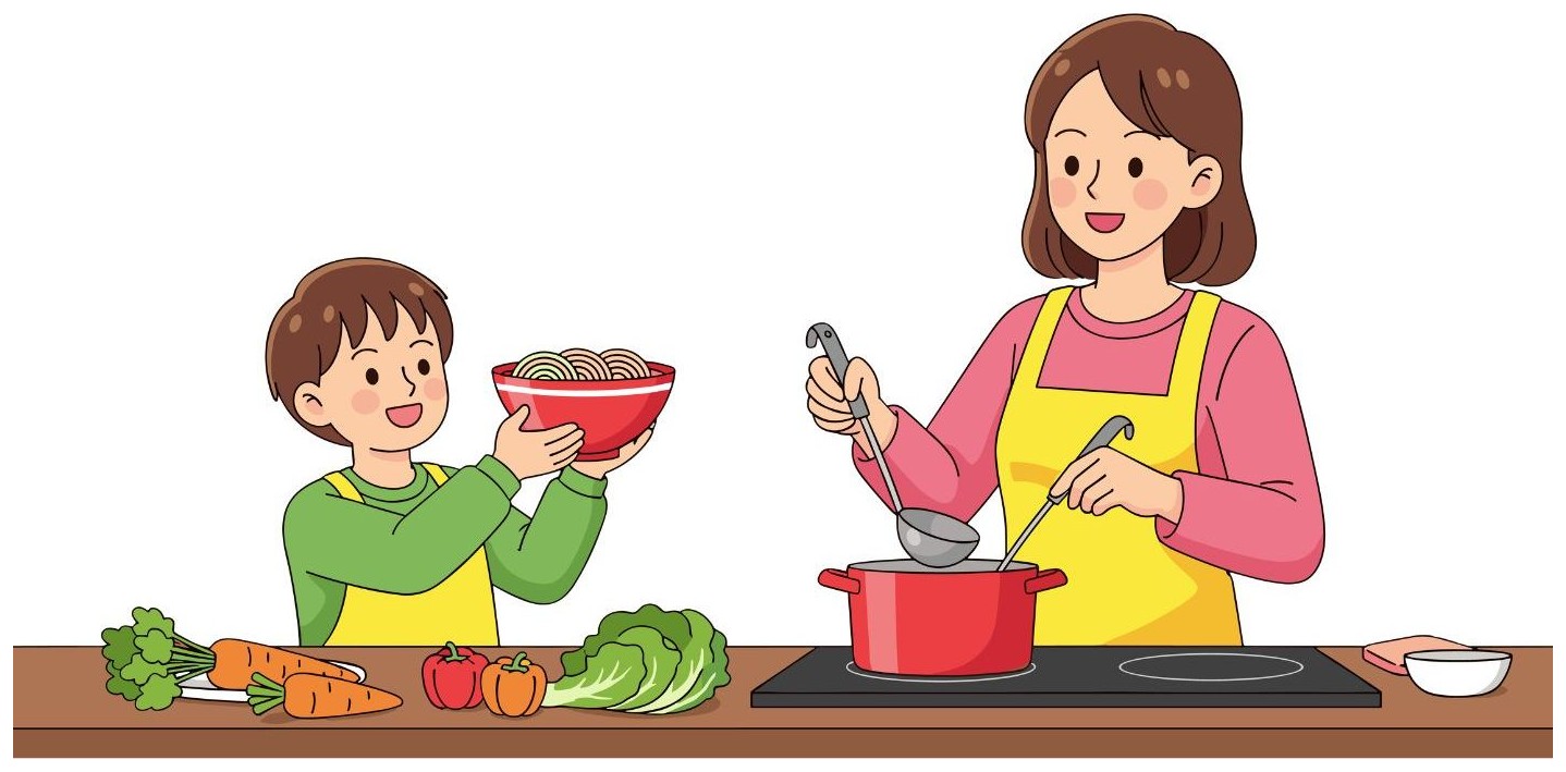 Do you cook with mum or dad? — I cook with __.